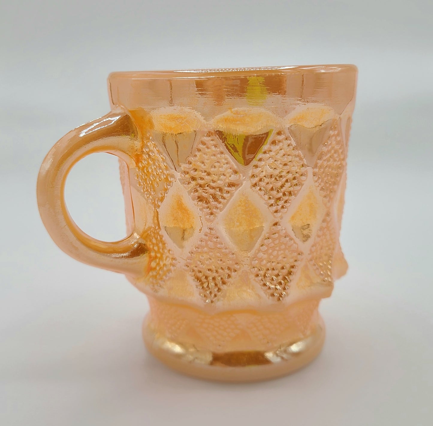 Vintage Anchor Hocking Fire King Glass Peach Luster Carnival Glass Diamond Kimberley Coffee Mug